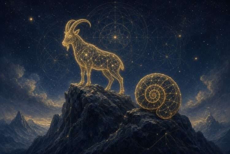 Capricorn spirit animal, a golden mountain goat and tortoise shell in sacred-geometry linework against a starry indigo sky.