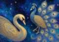 Libra spirit animal, a golden swan and peacock in mirrored balance against a starry indigo sky.