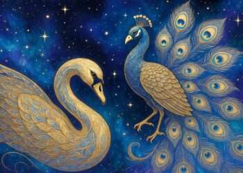 Libra spirit animal, a golden swan and peacock in mirrored balance against a starry indigo sky.