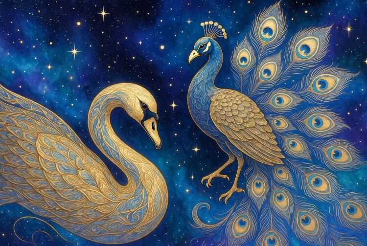 Libra spirit animal, a golden swan and peacock in mirrored balance against a starry indigo sky.