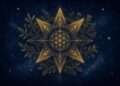 Most toxic zodiac signs symbol, a half-shadowed golden mandala in sacred-geometry linework against a starry indigo sky.