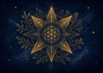 Most toxic zodiac signs symbol, a half-shadowed golden mandala in sacred-geometry linework against a starry indigo sky.