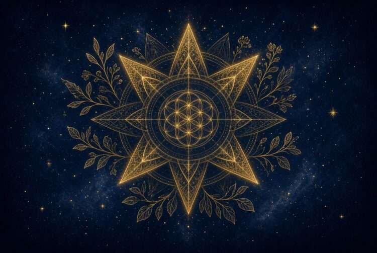 Most toxic zodiac signs symbol, a half-shadowed golden mandala in sacred-geometry linework against a starry indigo sky.