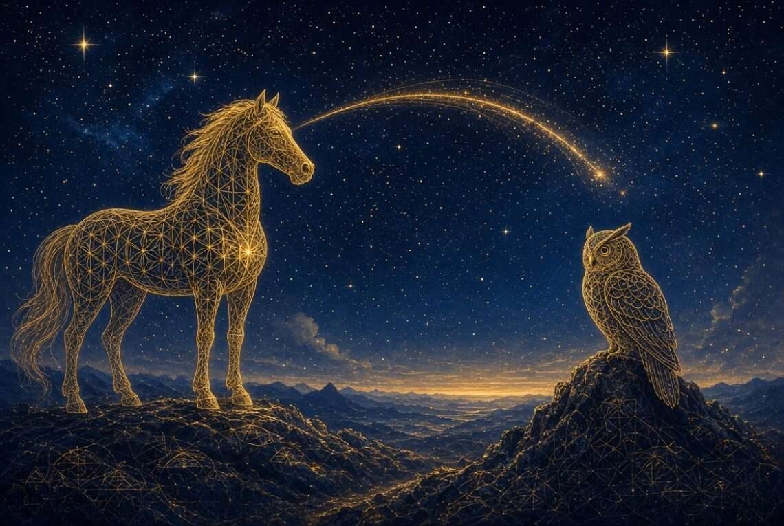 Sagittarius spirit animal, a golden horse and owl facing the horizon in sacred-geometry linework against a starry indigo sky.