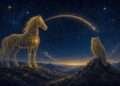 Sagittarius spirit animal, a golden horse and owl facing the horizon in sacred-geometry linework against a starry indigo sky.