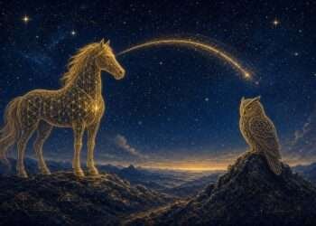 Sagittarius spirit animal, a golden horse and owl facing the horizon in sacred-geometry linework against a starry indigo sky.