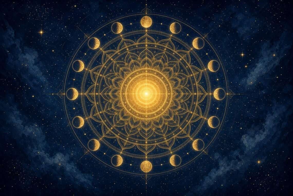 Personal year number 2026 symbol, a golden number 1 in sacred-geometry linework radiating light against a starry indigo sky.