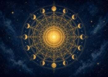Personal year number 2026 symbol, a golden number 1 in sacred-geometry linework radiating light against a starry indigo sky.