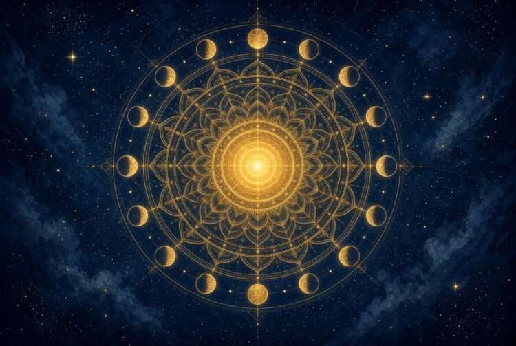 Personal year number 2026 symbol, a golden number 1 in sacred-geometry linework radiating light against a starry indigo sky.