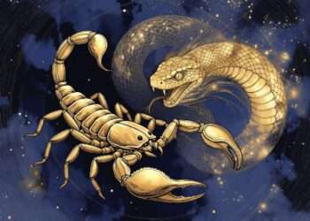 Scorpio spirit animal, a golden scorpion and serpent in sacred-geometry linework against a starry indigo sky.