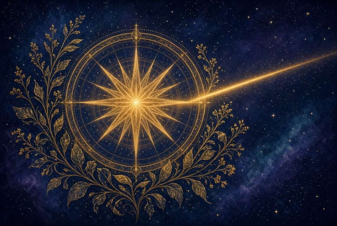 Most independent zodiac signs symbol, a golden compass-star mandala in sacred-geometry linework against a starry indigo sky.