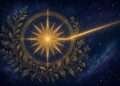 Most independent zodiac signs symbol, a golden compass-star mandala in sacred-geometry linework against a starry indigo sky.