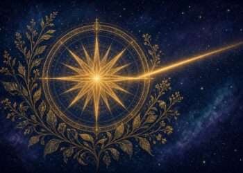 Most independent zodiac signs symbol, a golden compass-star mandala in sacred-geometry linework against a starry indigo sky.