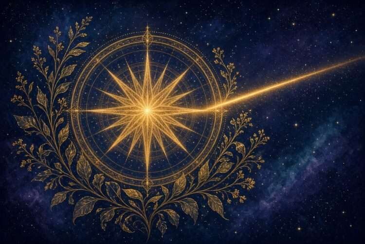 Most independent zodiac signs symbol, a golden compass-star mandala in sacred-geometry linework against a starry indigo sky.
