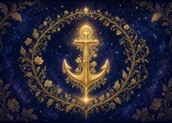 Most loyal zodiac signs symbol, a golden anchor wrapped in vines in sacred-geometry linework against a starry indigo sky.