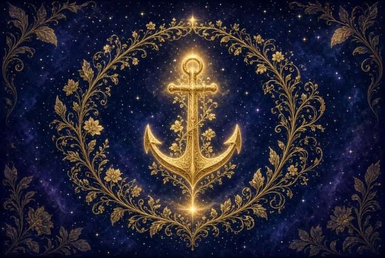 Most loyal zodiac signs symbol, a golden anchor wrapped in vines in sacred-geometry linework against a starry indigo sky.