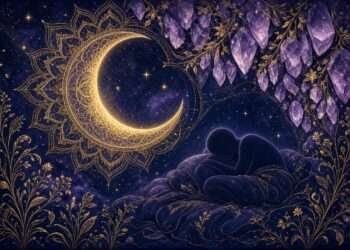 Best crystals for sleep symbol, a golden crescent moon with amethyst clusters glowing above a resting silhouette against a starry indigo sky.