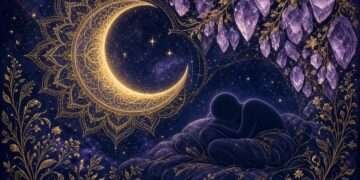 Best crystals for sleep symbol, a golden crescent moon with amethyst clusters glowing above a resting silhouette against a starry indigo sky.