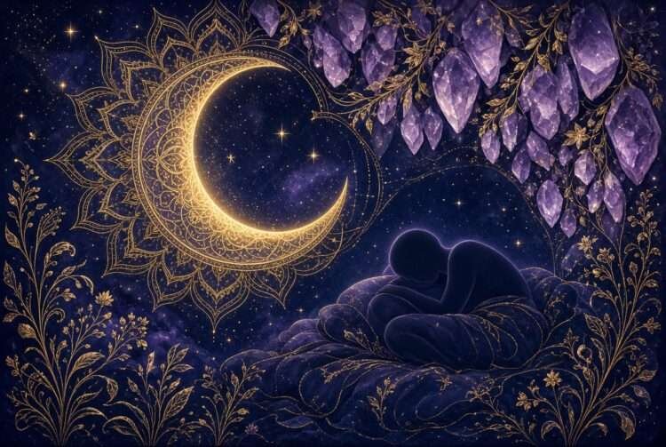 Best crystals for sleep symbol, a golden crescent moon with amethyst clusters glowing above a resting silhouette against a starry indigo sky.
