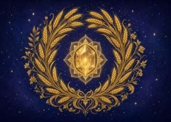 Virgo birthstone symbol, a golden wheat-sheaf mandala wrapped around a faceted gem shape in sacred-geometry linework against a starry indigo sky.