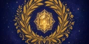 Virgo birthstone symbol, a golden wheat-sheaf mandala wrapped around a faceted gem shape in sacred-geometry linework against a starry indigo sky.