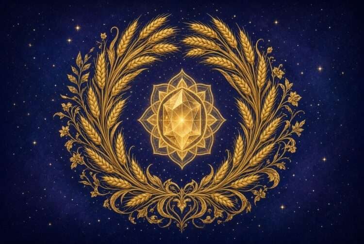 Virgo birthstone symbol, a golden wheat-sheaf mandala wrapped around a faceted gem shape in sacred-geometry linework against a starry indigo sky.