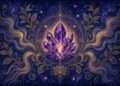 Crystals for anxiety symbol, a golden amethyst cluster mandala with calming wave linework against a starry indigo sky.