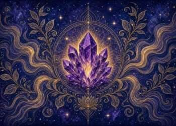 Crystals for anxiety symbol, a golden amethyst cluster mandala with calming wave linework against a starry indigo sky.