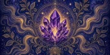 Crystals for anxiety symbol, a golden amethyst cluster mandala with calming wave linework against a starry indigo sky.