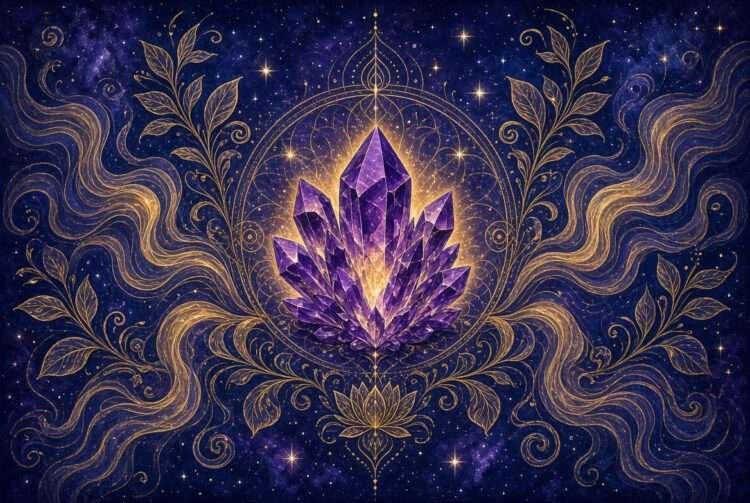 Crystals for anxiety symbol, a golden amethyst cluster mandala with calming wave linework against a starry indigo sky.