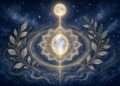 Moonstone meaning symbol, a golden mandala with a glowing moonstone cabochon beneath a full moon against a starry indigo sky.