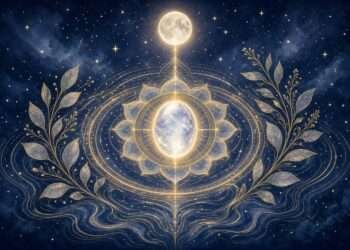 Moonstone meaning symbol, a golden mandala with a glowing moonstone cabochon beneath a full moon against a starry indigo sky.