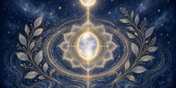 Moonstone meaning symbol, a golden mandala with a glowing moonstone cabochon beneath a full moon against a starry indigo sky.
