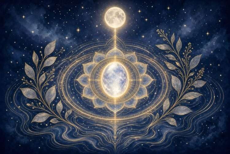 Moonstone meaning symbol, a golden mandala with a glowing moonstone cabochon beneath a full moon against a starry indigo sky.