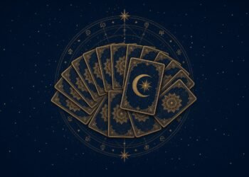 Fan of ornate gold tarot cards with a sun and moon symbol on a navy background, illustrating the history of tarot