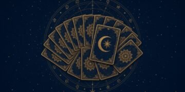Fan of ornate gold tarot cards with a sun and moon symbol on a navy background, illustrating the history of tarot