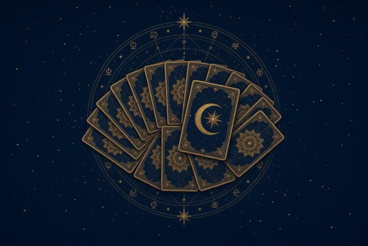 Fan of ornate gold tarot cards with a sun and moon symbol on a navy background, illustrating the history of tarot