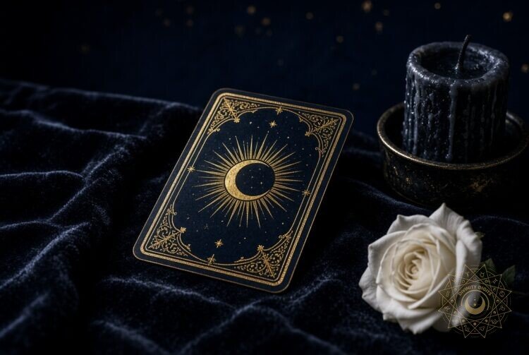 Dark navy tarot card back with a gold crescent moon and sunburst, beside a white rose and a candle on black velvet