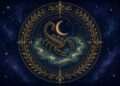 Scorpio season 2026 symbol, a golden scorpion curled beneath a crescent moon within rippling water linework against a starry indigo sky.