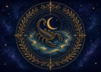 Scorpio season 2026 symbol, a golden scorpion curled beneath a crescent moon within rippling water linework against a starry indigo sky.