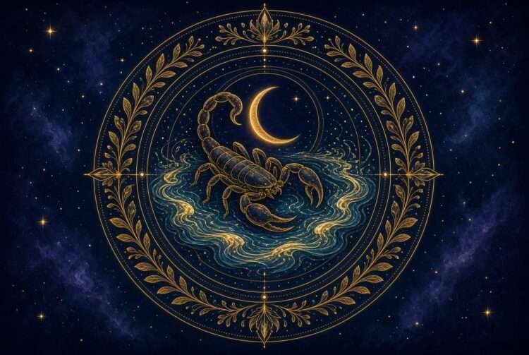 Scorpio season 2026 symbol, a golden scorpion curled beneath a crescent moon within rippling water linework against a starry indigo sky.