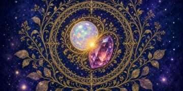 October birthstone symbol, a golden mandala pairing an opal cabochon and a faceted tourmaline crystal in sacred-geometry linework against a starry indigo sky.