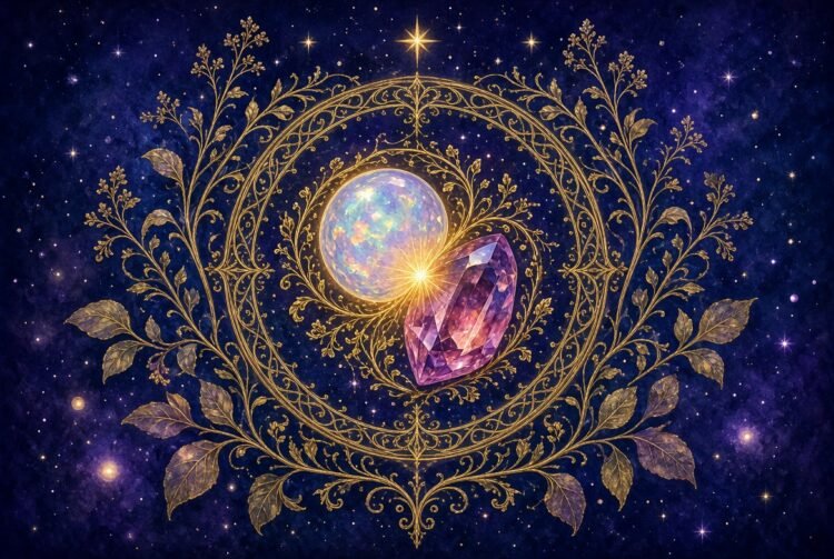 October birthstone symbol, a golden mandala pairing an opal cabochon and a faceted tourmaline crystal in sacred-geometry linework against a starry indigo sky.
