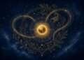 Mercury retrograde October 2026 symbol, a golden planet with a looping backward path of linework surrounded by stars against a deep indigo sky.