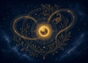 Mercury retrograde October 2026 symbol, a golden planet with a looping backward path of linework surrounded by stars against a deep indigo sky.