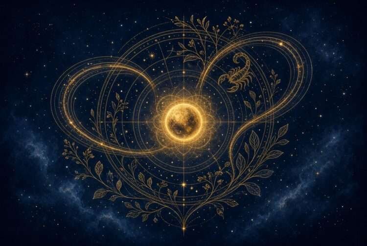 Mercury retrograde October 2026 symbol, a golden planet with a looping backward path of linework surrounded by stars against a deep indigo sky.