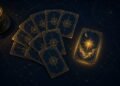 Fan of face-down tarot cards with one glowing gold card face up on a navy table, illustrating the 2027 tarot year card