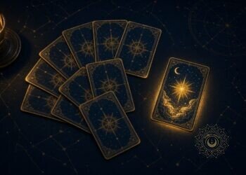 Fan of face-down tarot cards with one glowing gold card face up on a navy table, illustrating the 2027 tarot year card