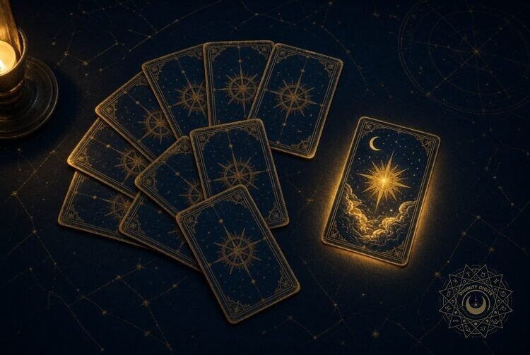 Fan of face-down tarot cards with one glowing gold card face up on a navy table, illustrating the 2027 tarot year card