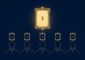 Gold line illustration of five identical silhouettes each holding the same card